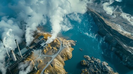 A panoramic shot of a geothermal power plant nestled in a geologically active region, steam rising from the earth as it's harnessed for clean energy, illustrating the diversity of renewable energy sou - obrazy, fototapety, plakaty