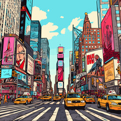 Times Square. Times Square hand-drawn comic illustration. Vector doodle style cartoon illustration