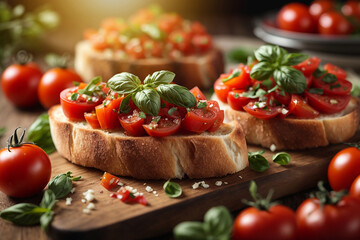 Fototapeta na wymiar Tomato Bruschetta - Tasty Food at Table