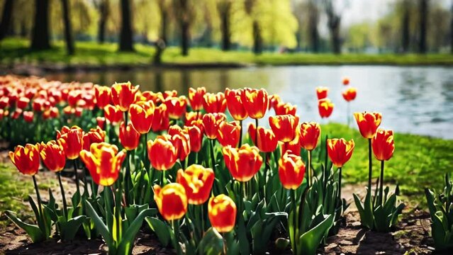 Blooming tulips in a park by the lake. Spring scenic background. Generated with AI