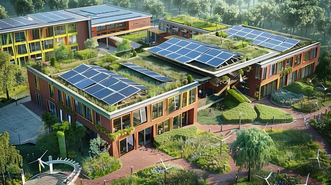An eco-friendly school building, its roof and surrounding grounds equipped with various renewable energy installations, including solar panels and small wind turbines