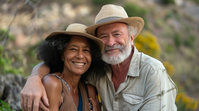 Elderly mixed race couple African American woman and Caucasian man enjoying outdoors their relationship