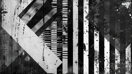 Black and White Grunge Texture with Abstract Geometric Patterns and Distressed Overlays. Artistic Fusion of Chaos and Order Concept.