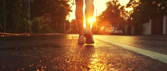 Running on pavement at sunrise or sunset - healthy lifestyle concept toned with vintage Instagram filter effect with inspirational quote added as a meme - obrazy, fototapety, plakaty
