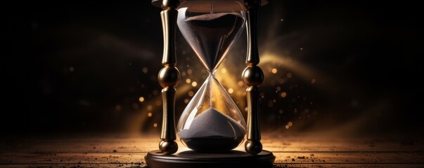 Hourglass with sand inside on dark background, banner time concept. Generative Ai.