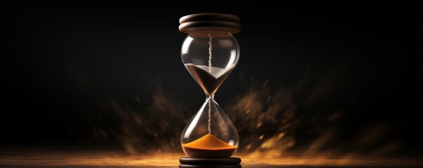 Hourglass with sand inside on dark background, banner time concept. Generative Ai.