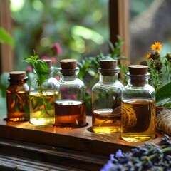 Essential Oils and Herbs on Wooden Surface