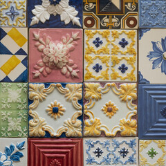 Traditional tiles (azulejos) from facades of old houses in Porto, Portugal, known for its tiles