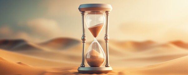 Hourglass with sand inside with desert background, banner time concept. Generative Ai.