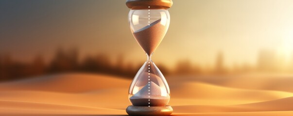 Hourglass with sand inside with desert background, banner time concept. Generative Ai. - obrazy, fototapety, plakaty