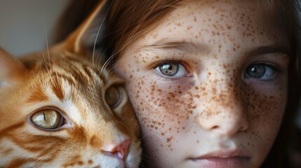 A closeup portrait of an orange cat with white spots, next to a young freckled girl. Generated by artificial intelligence.