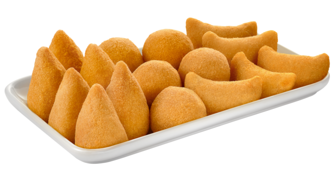 porção de salgadinhos de festa sortidos isolado em fundo transparente - coxinha, bolinha de queijo e rissole 