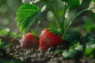 Close-up of a juicy strawberries ripen under the sun's warm embrace