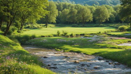 A Lush Green Landscape with a Tranquil Stream