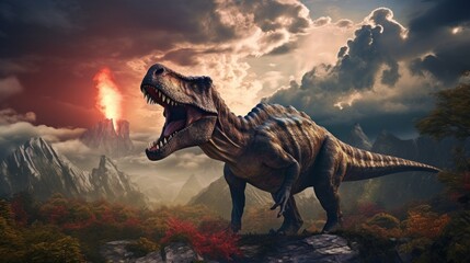 A dinosaur in a prehistoric environment with volcanoes and clouds in nature at sunset. The world of the Jurassic Period, Primitive Living creatures, Animals living Many centuries before our era.