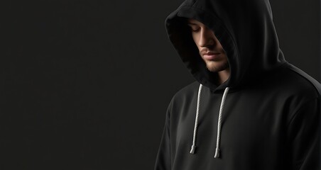 Young man in black hoodie. Isolated on black background with copy space