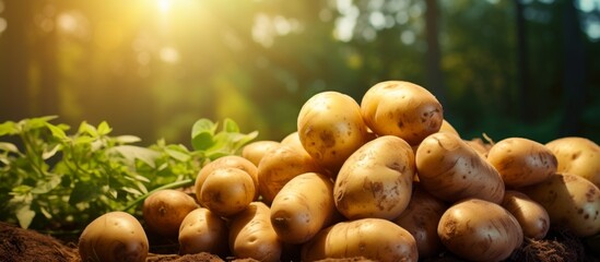 A pile of assorted potatoes resting on top of a mound of brown soil in a close-up shot - obrazy, fototapety, plakaty