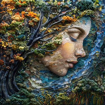 International Mother Earth Day. A stunningly detailed mosaic frame featuring organic shapes and nature motifs, inspired by undersea life and forests