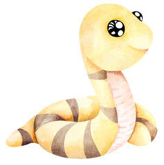Cartoon snake yellow.Hand painted watercolor.Cute animal.