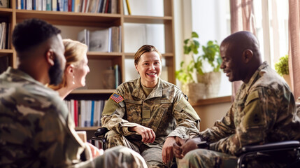 A diverse group of soldiers, smiling Caucasian woman and African American man on wheelchair, engage in a group therapy session indoors. Concept of inclusive recovery and support for veterans