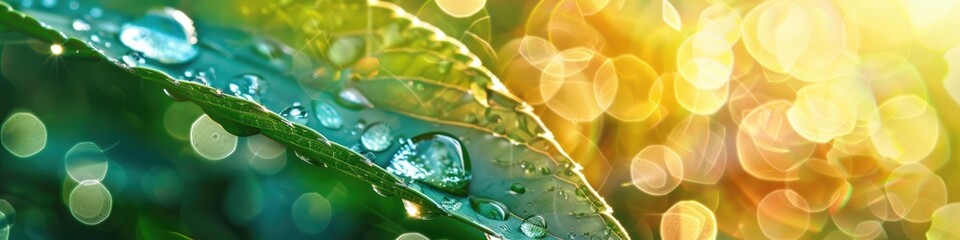 Beautiful water drops sparkle in sun on leaf in sunlight, macro. Droplet of morning dew outdoor, beautiful round bokeh. Purity of nature. - obrazy, fototapety, plakaty