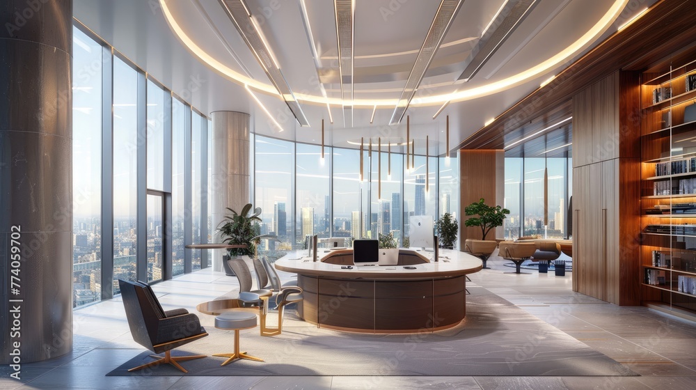 Poster panorama view inside office in skyscraper. beautiful modern office in skyscraper.