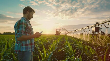 An irrigation center pivot sprinkler system is being tuned and inspected by a young farmer on a smartphone in a cornfield. - obrazy, fototapety, plakaty