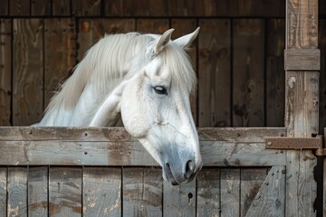 Close-up of a white horse inside his stable