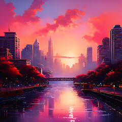 Bathed in the ethereal hues of coral and pink, the city skyline basks in the warm embrace of the...