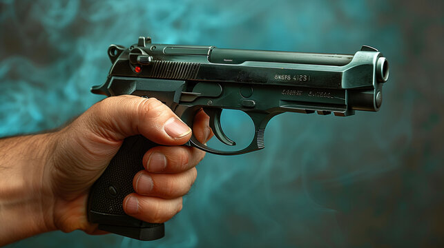 Hand holding a gun isolated on green background