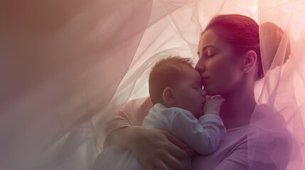 Mother kissing her baby in the bed. Happy family. Motherhood. Happy mother's day concept.