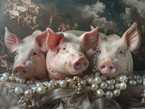 Dreamy composition featuring three piglets lying amongst clouds, stars, and pearls, reflecting a celestial dreamscape, abstract pigs and perals theme