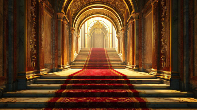 Gleaming red carpet stage, maroon stairs leading to a grand golden arch,