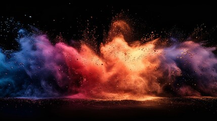 Obraz premium Colorful rainbow holi paint color powder explosion isolated on dark black background. Great party festival concept.