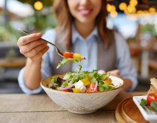 Woman Eating Salad With a Fork. Generative AI