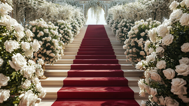 Plush red carpet ascending maroon steps, flanked by white rose topiaries,