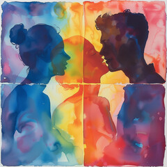 Watercolor painting of a couple with a faint third silhouette signifying betrayal, depicting jealousy and a love triangle through translucent layers and vibrant colors.