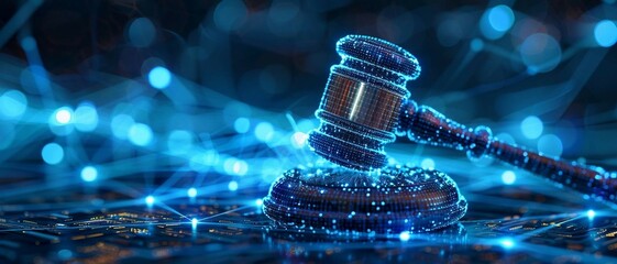 high tech blue Digital gavel surrounded by digital data on blue bokeh background , representing the role of AI in business justice. judge hammer.  - obrazy, fototapety, plakaty