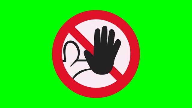 Appearance of the red crossed out circular prohibition symbol with hand coming from the front on a green screen, transparent background with alpha channel