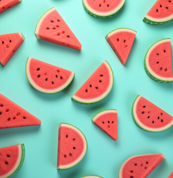 Colorful arrangement of various watermelon slices on a teal background representing freshness and summertime. Kriske lubenice na zelenoj podlozi. Leto, voce