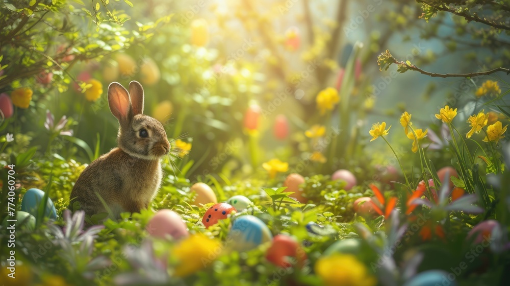 Wall mural Audubons Cottontail rabbit is hidden in the vegetation next to Easter eggs in its natural environment of grass and flowers AIG42E - Wall murals