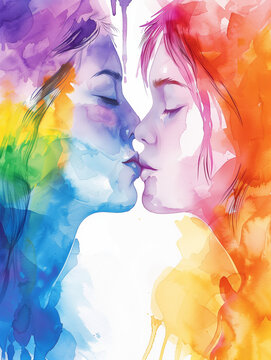 Watercolor artwork of a female couple sharing a kiss, symbolizing lesbian romance, painted with rainbow hues representing LGBTQ rights and the beauty of love.