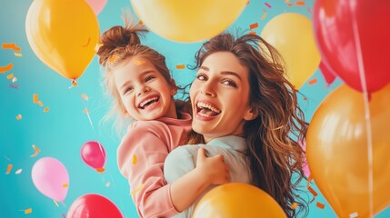 Beautiful young mother and her adorable little daughter are looking at camera and smiling while flying with balloons on blue background. Happy birthday concept.