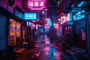 Neon-lit cyberpunk street with futuristic signage, Futuristic cyberpunk street adorned with vibrant...