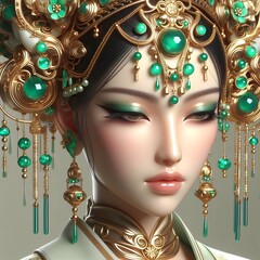 고대 동양 여자 얼굴 금 장식 