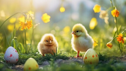 Easter background with yellow chickens and eggs on green grass with flowers