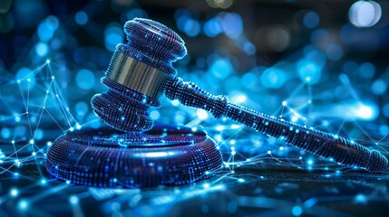 high tech blue Digital gavel surrounded by digital data on blue bokeh background , representing the role of AI in business justice. judge hammer.