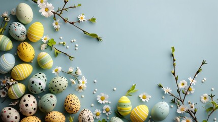 Easter Celebration with Decorative Eggs and Spring Flowers