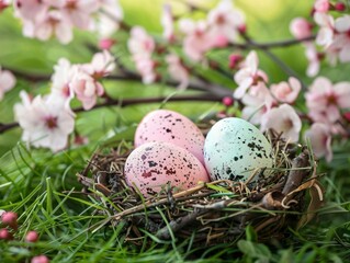 Naklejka na ściany i meble Easter eggs in nest on green grass with spring blossom background