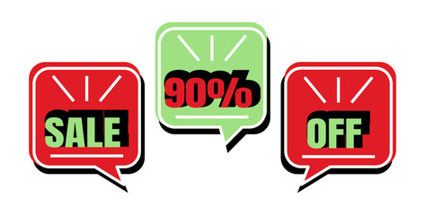 90% off. Sale. Three speech bubbles in red and green colors.